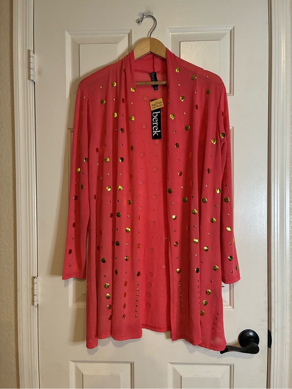 berek Coral Pink Open Front Cardigan with Gold Dot Accents
